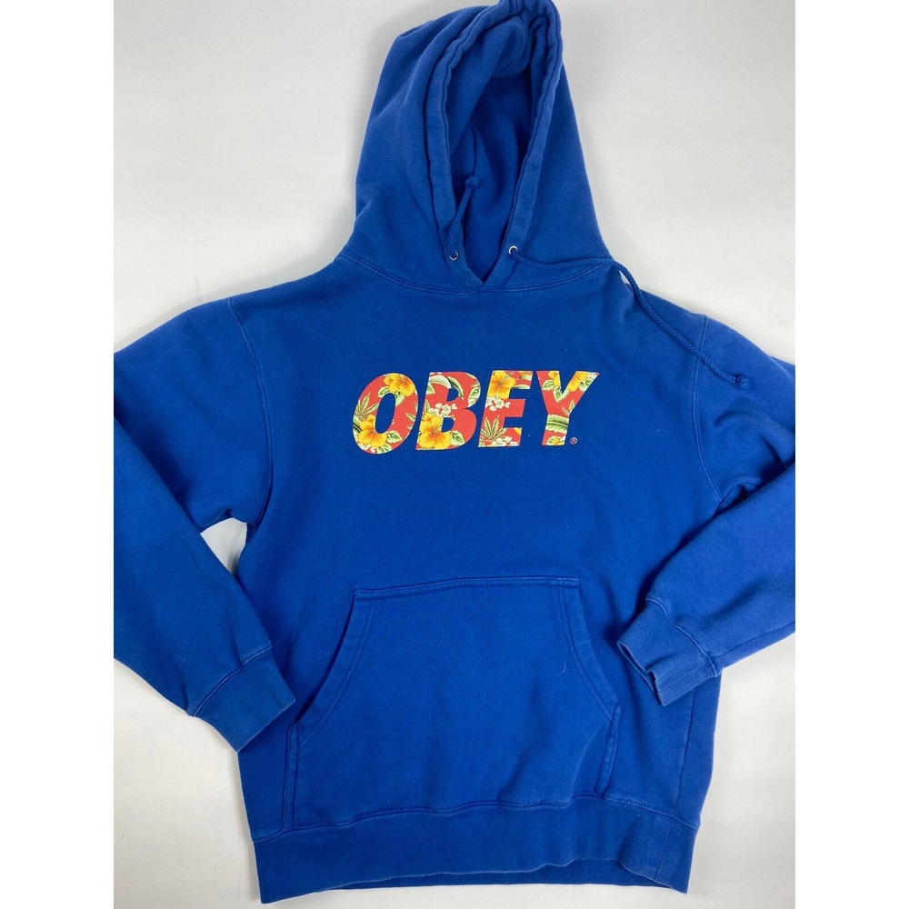 obey blue hoodie floral spellout mens size‎ small sweatshirt hooded